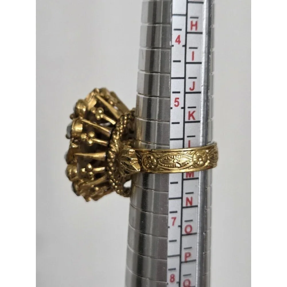 Vtg Florenza Ornate Gold Tone Rhinestone Faux Pearl Cocktail Ring Filigree